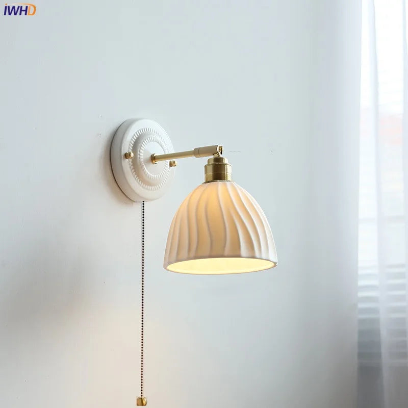 Helnys Ceramic Wall Lamp with Pull Chain Switch for Home Indoor Decor