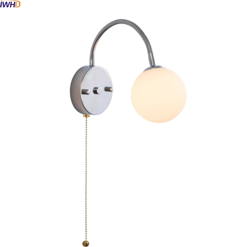 Helnys Silver Hose LED Wall Lamp with White Glass Ball for Modern Bedroom