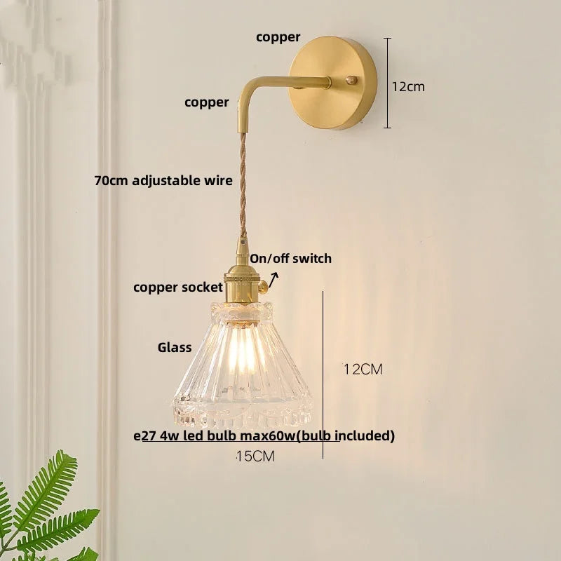 Helnys Nordic LED Wall Light Brass Bedside Lamp Chrome Pull Chain Switch