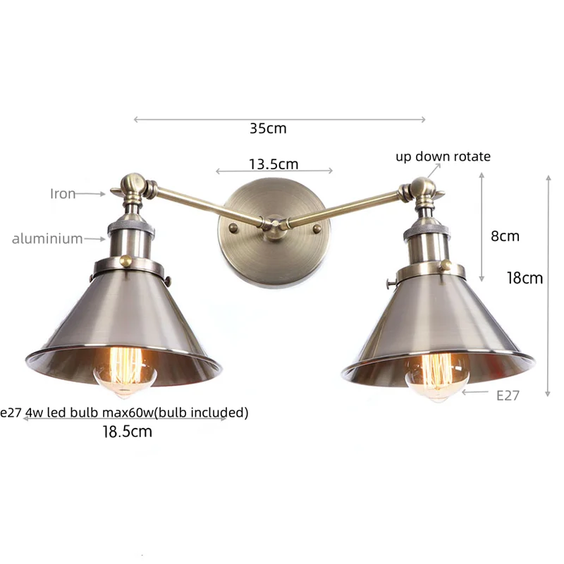 Helnys Industrial Vintage 2-Head LED Wall Light Gold Iron Loft Lamparas De Pared