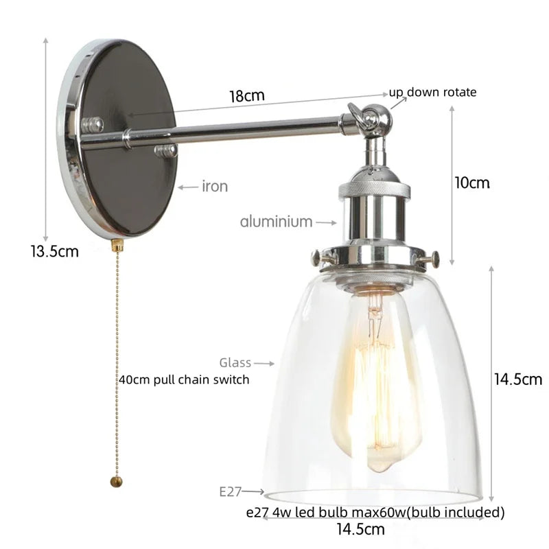 Helnys LED Wall Lamp Single Arm Glass Iron Vintage Retro Stair Light
