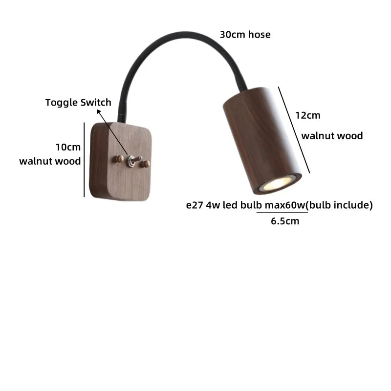 Helnys Walnut Wood LED Wall Lamps 30cm Black Hose Modern Nordic Bathroom Lights