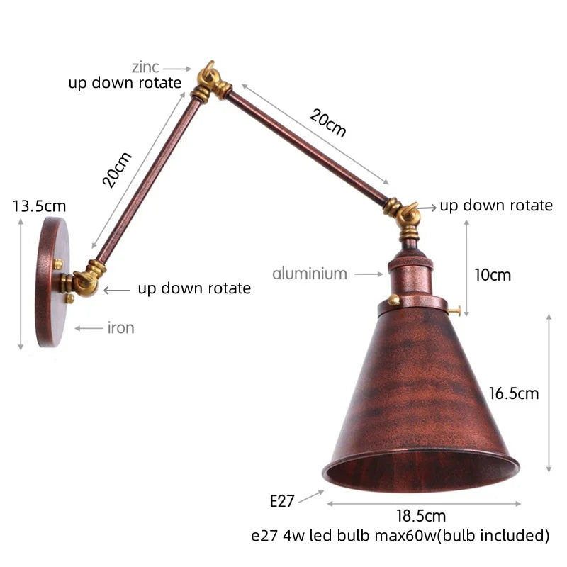 Helnys Retro LED Swing Arm Wall Sconce Black Industrial Vintage Loft Lamp