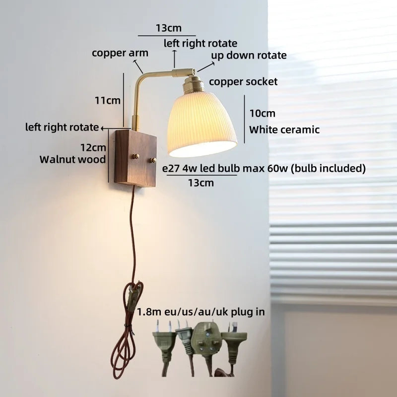 Helnys Vintage Brass Ceramic LED Wall Lamp with Pull Chain Switch