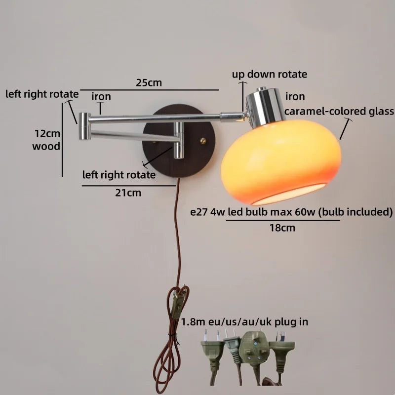 Helnys Swing Arm LED Wall Lamp with Switch - Flexible Glass Iron Design
