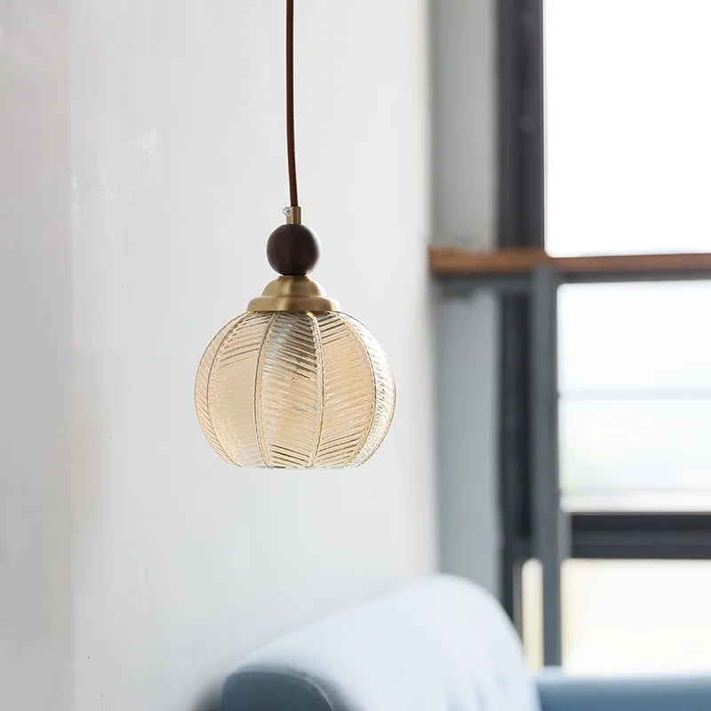 Helnys Japanese Style Amber Glass LED Pendant Light with Wood & Copper Cap