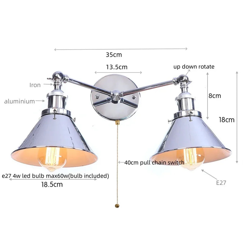 Helnys Industrial Vintage 2-Head LED Wall Light Gold Iron Loft Lamparas De Pared