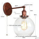 Helnys Glass LED Wall Sconce Industrial Iron Pull Chain Switch Wall Light
