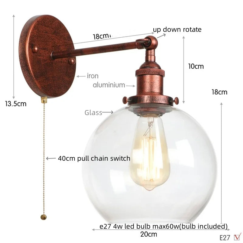Helnys Glass LED Wall Sconce Industrial Iron Pull Chain Switch Wall Light