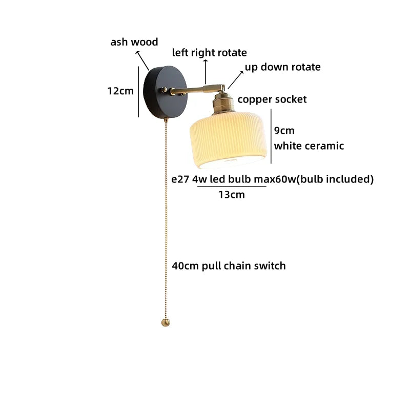 Helnys Black Round Wood LED Wall Lamp With Switch - Bedroom Living Room Home Design