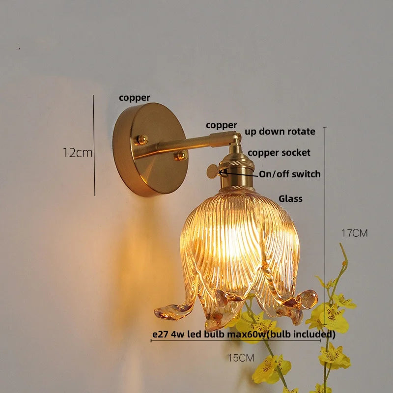Helnys Vintage Blue Glass LED Wall Lamp with Pull Chain Switch