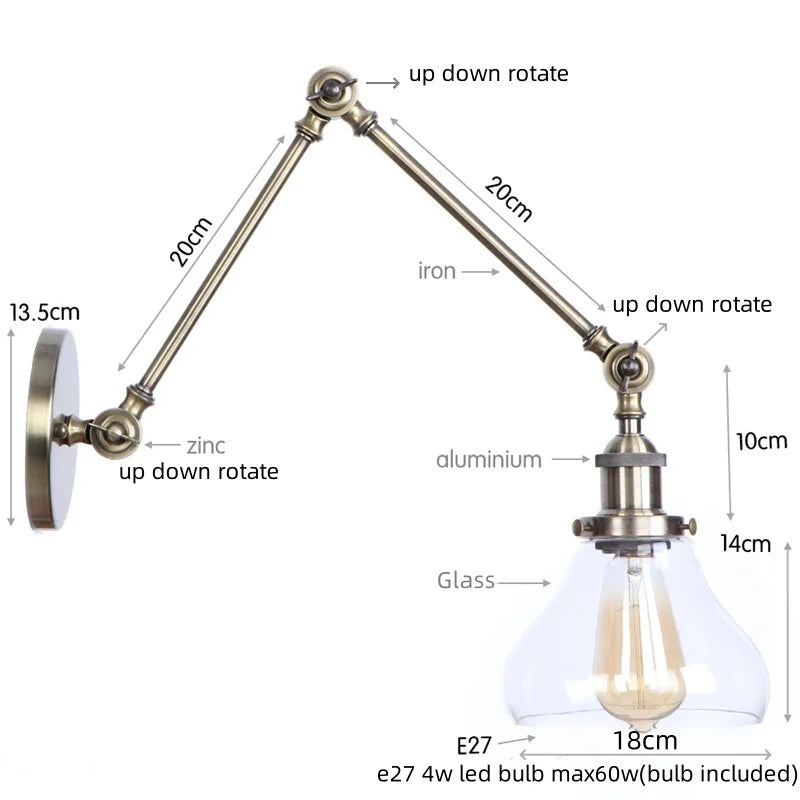 Helnys Vintage Clear Glass LED Wall Lamp with Pull Chain Switch