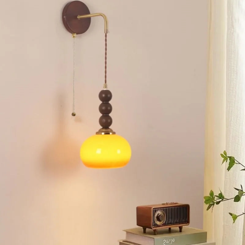 Helnys Adjustable Wood Glass Wall Lights with Pull Chain Switch for Aisle Study Dining