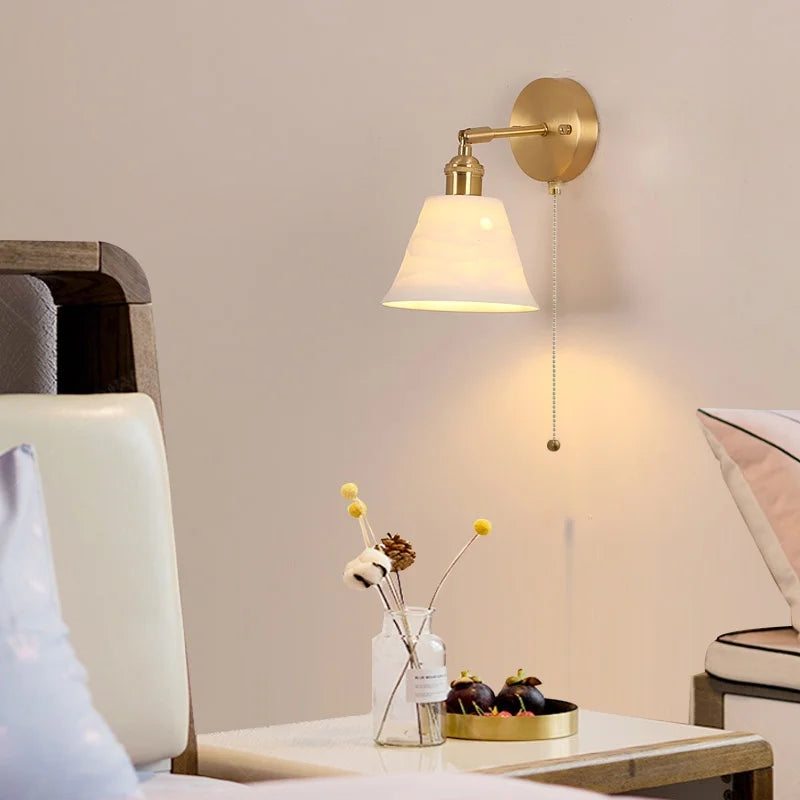 Helnys Copper LED Wall Light Modern Simple Pull Chain Switch Ceramic Bedside Lamp