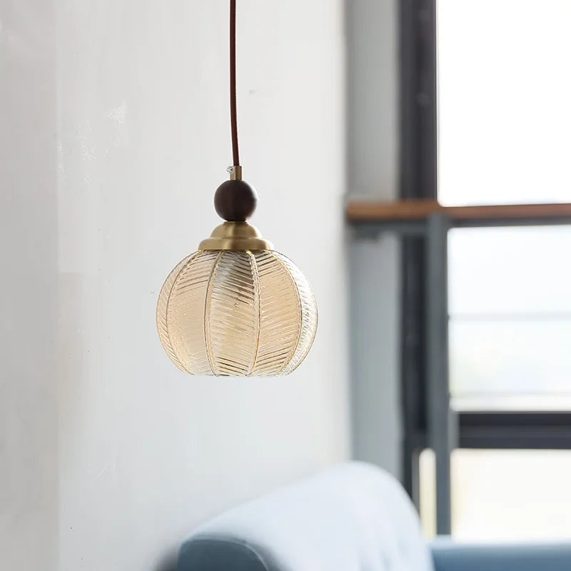 Helnys Amber Glass LED Pendant Light Fixture with Walnut Wood Hanging Lamp Base