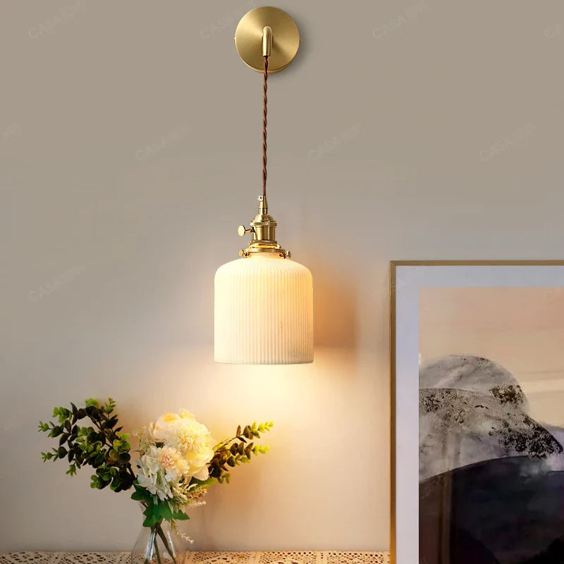 Helnys Nordic LED Wall Light Copper Ceramic Adjustable Bedroom Living Room Lamp