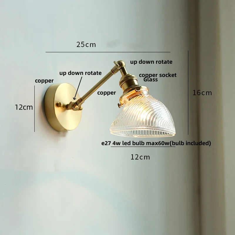 Helnys Brass Swing Arms LED Wall Light, Modern Nordic Clear Glass Bedside Lamp