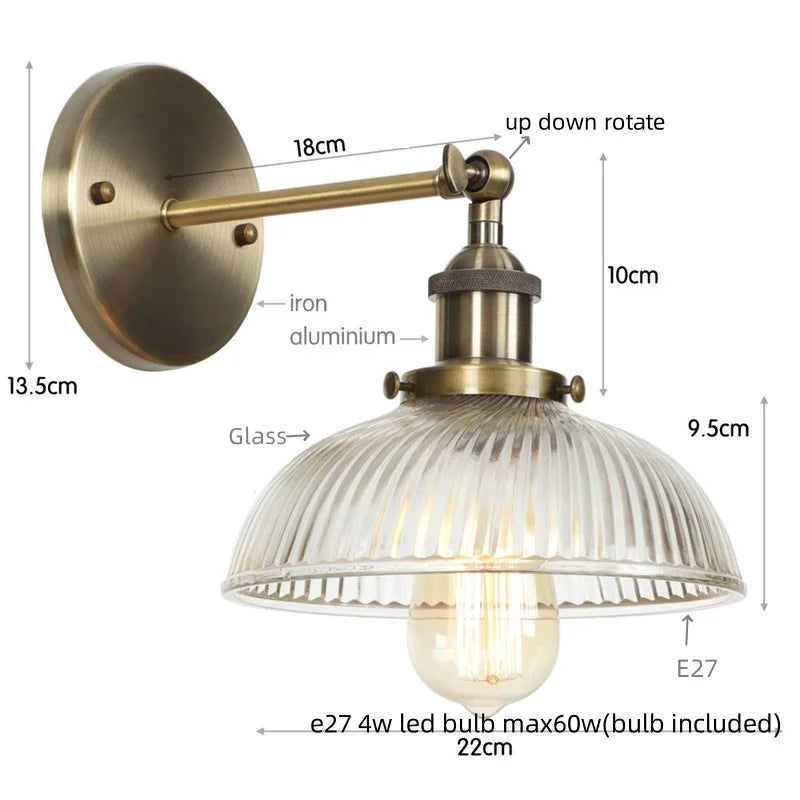 Helnys Vintage LED Wall Light with Pull Chain Switch, Rustic Industrial Bedside Lamp