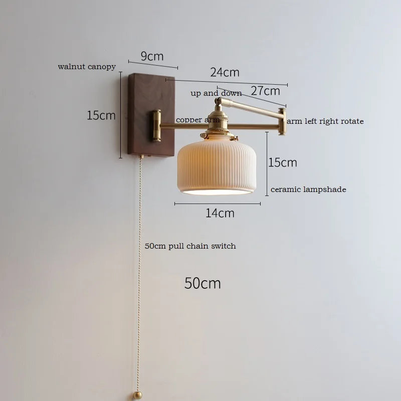 Helnys LED Wall Sconce Lamp Walnut Ash Wood with Pull Chain Switch