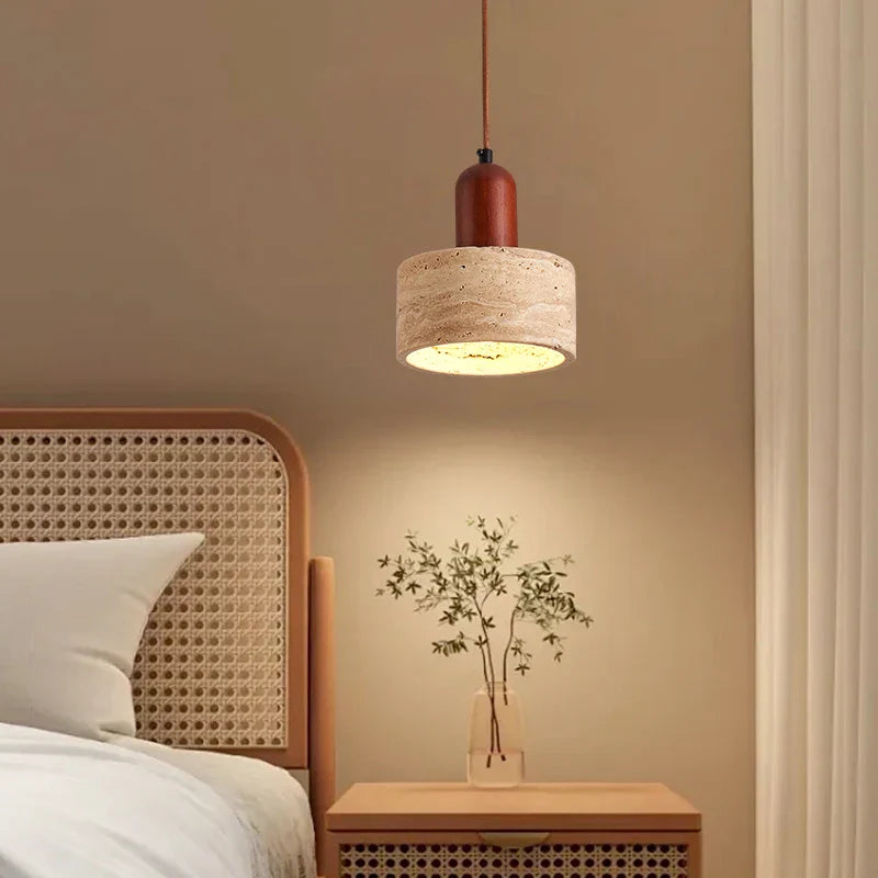 Helnys Yellow Travertine LED Pendant Lamp: Nordic Wood Hanging Light for Home Decor