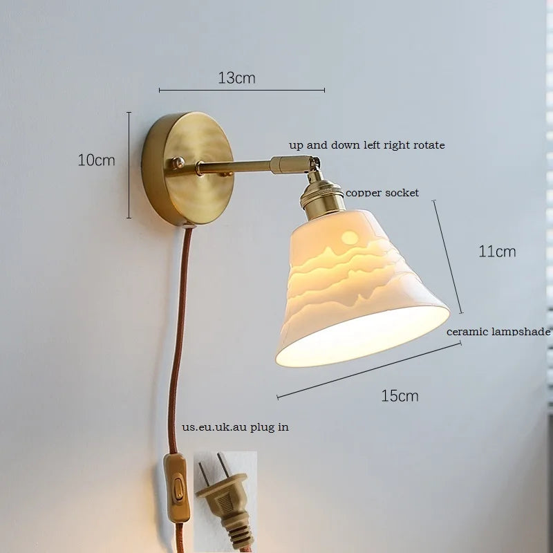 Helnys Nordic Ceramic LED Wall Sconce with Switch for Bedroom Living Room