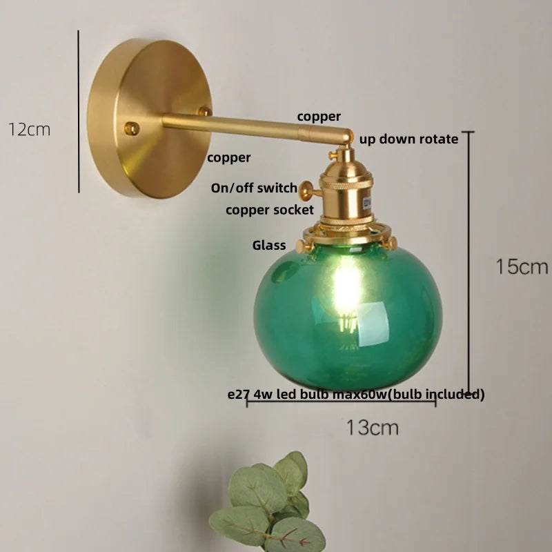 Helnys Vintage Blue Glass LED Wall Lamp with Pull Chain Switch