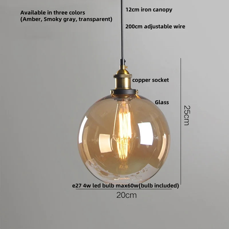 Helnys Loft Smoke Gray LED Pendant Lamp Brass Glass Vintage Hanging Light