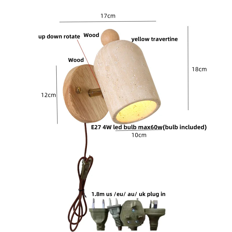 Helnys Rotating LED Wall Light Fixture with Pull Chain Switch Yellow Travertine Wood Decor