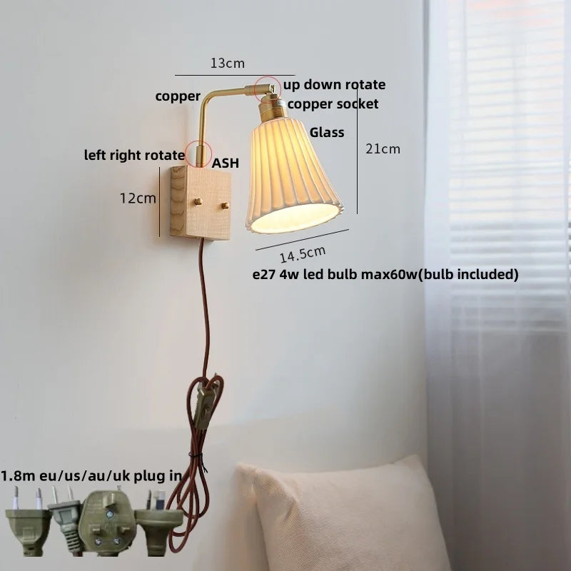 Helnys Rotatable Nordic Glass Wall Sconce with Pull Chain Switch