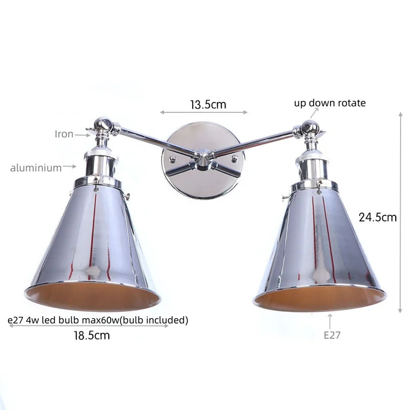 Helnys Loft Plug LED Wall Lamps 2 Heads Industrial Silver Vintage Lighting
