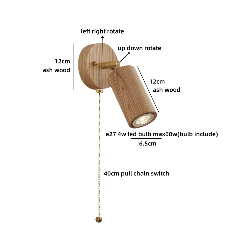 Helnys Wooden Up Down LED Wall Light with Pull Chain Switch