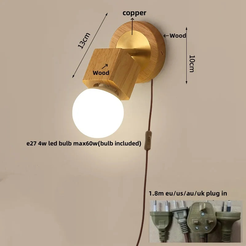 Helnys Wood LED Wall Light with Pull Chain Switch, Modern Copper Vanity Lamp