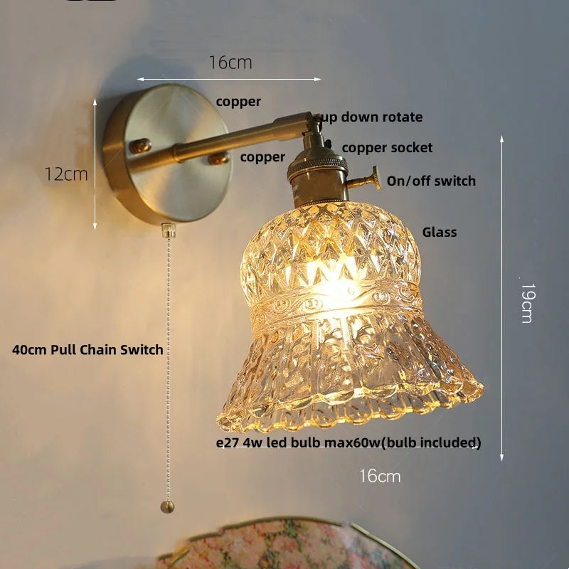 Helnys Amber Flower Glass Wall Light with Pull Chain Switch