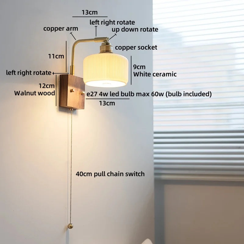 Helnys Vintage Brass Ceramic LED Wall Lamp with Pull Chain Switch