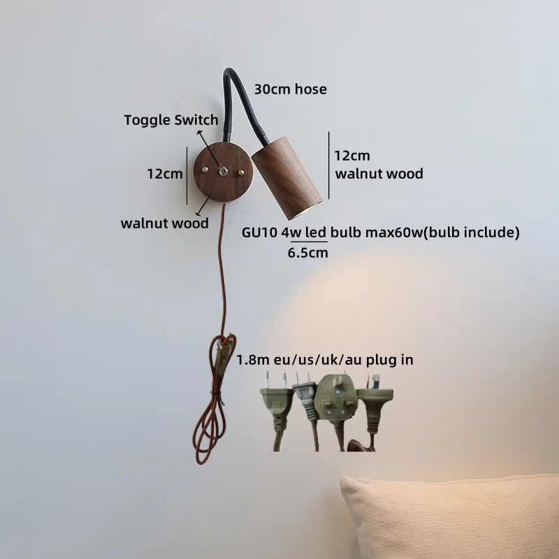 Helnys Vintage LED Wall Light Walnut Wood Black Hose Bedside Lamp