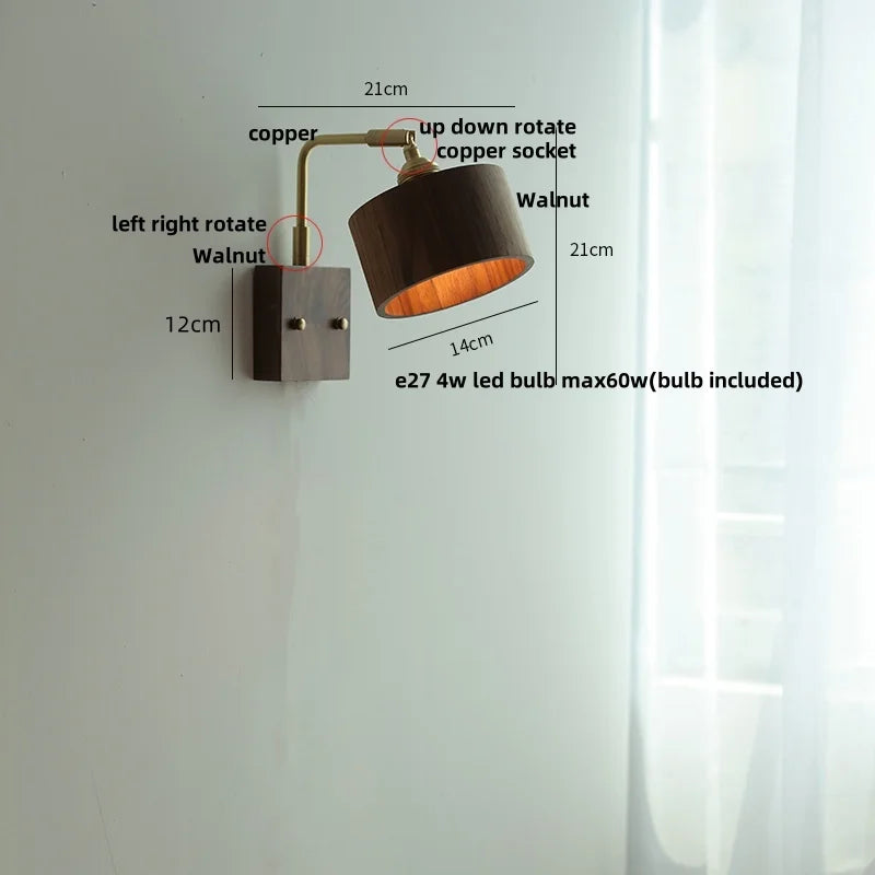 Helnys Loft Wood LED Wall Light Vintage Walnut Rotatable Bedside Lamp