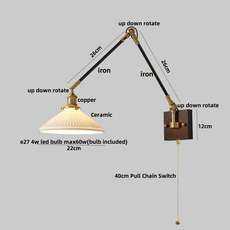 Helnys Rotatable Wood Ceramic Wall Sconce with Pull Chain Switch
