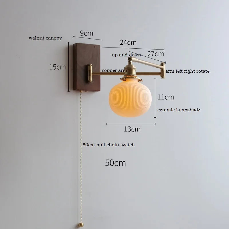 Helnys LED Wall Sconce Lamp Walnut Ash Wood with Pull Chain Switch