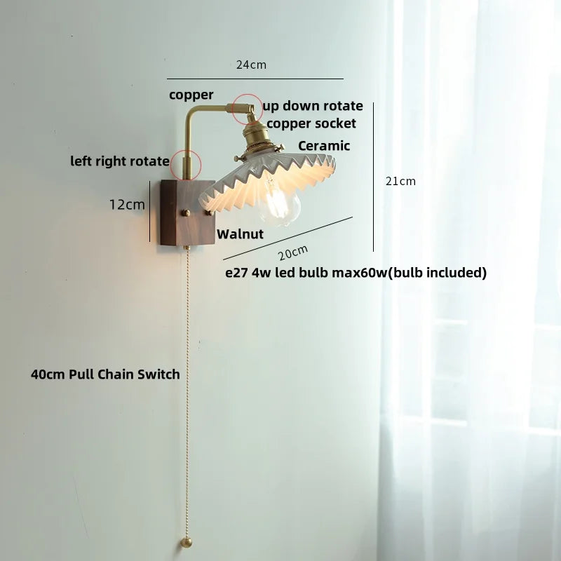Helnys Nordic Modern Walnut Wood LED Wall Lamp with Rotatable Ceramic Copper Switch