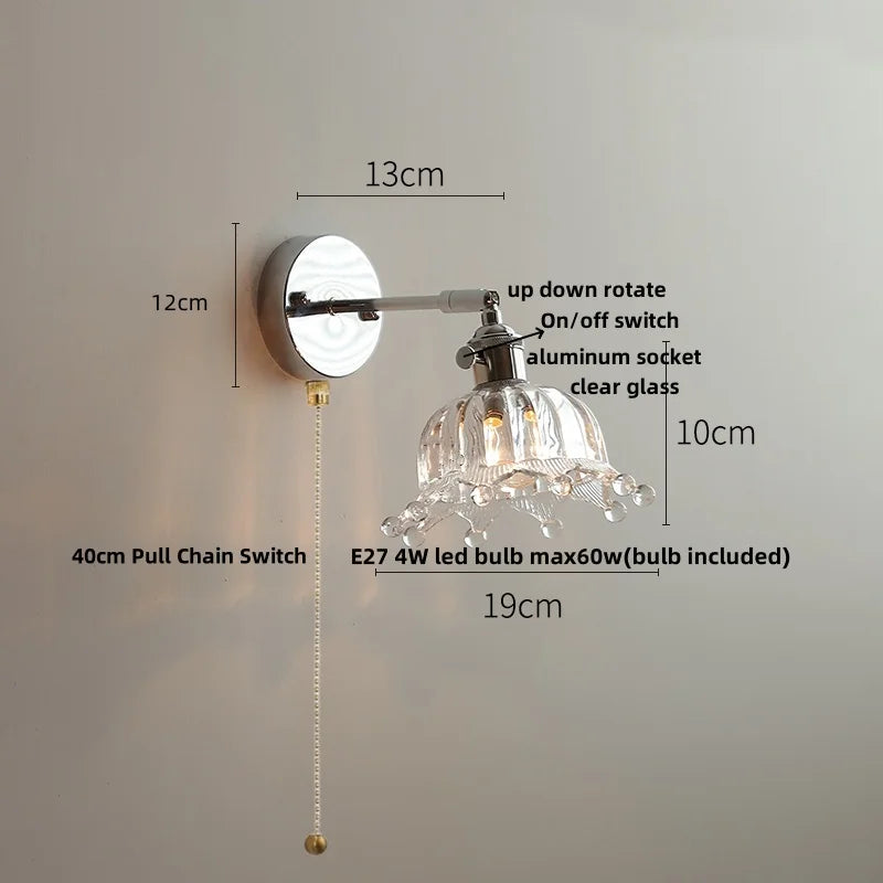 Helnys Clear Glass LED Wall Lamp Pull Chain Switch Up Down Rotatable Stair Light Fixtures