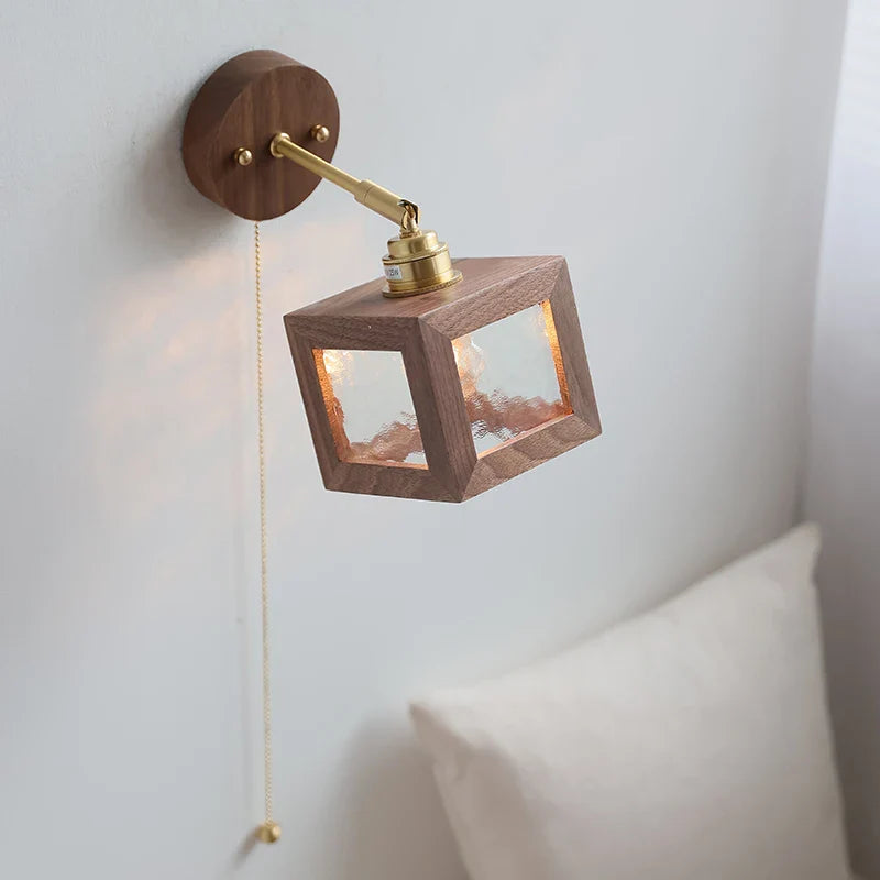 Helnys Clear Glass LED Wall Light with Pull Chain Switch and Walnut Wood Frame