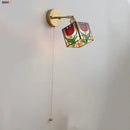Helnys Square Glass LED Wall Lights Pull Chain Switch Tiffany Style Wandlamp