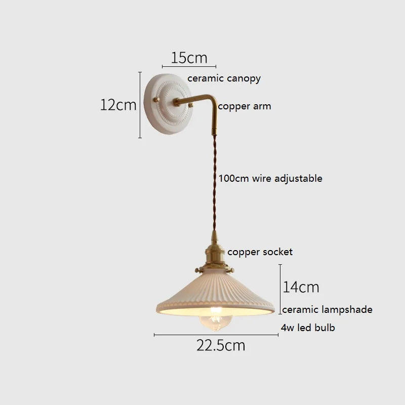 Helnys Ceramic LED Wall Sconce Copper Arm Adjustable Mirror Light