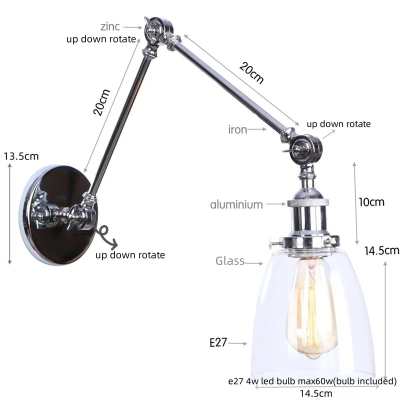 Helnys Chrome Industrial Swing Arm LED Wall Sconce Clear Glass Lamparas De Pared
