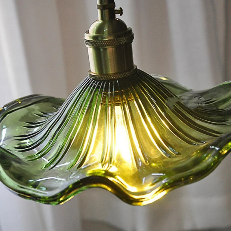 Helnys Green Flower Glass LED Pendant Lights for Kitchen Restaurant, Modern Bar Decor