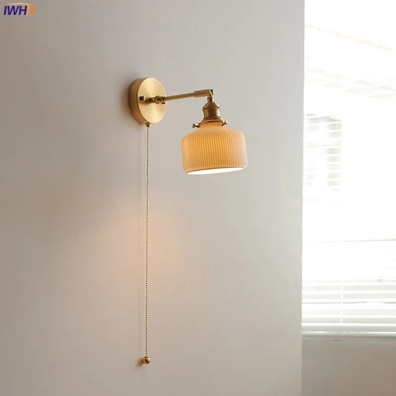 Helnys Nordic Ceramic Copper LED Wall Lamp with Pull Chain Switch, Adjustable for Bathroom Mirror