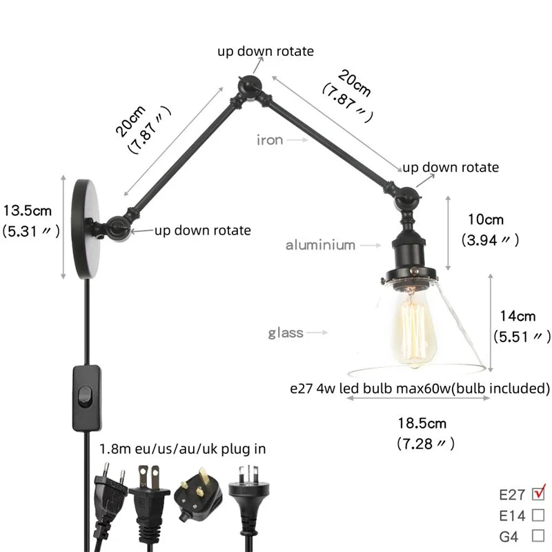 Helnys Vintage Industrial LED Wall Lamp with Pull Chain Switch and Clear Glass