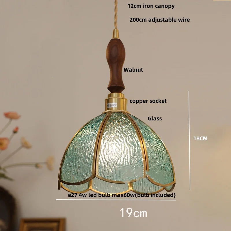 Helnys Walnut Wood LED Pendant Lamp Cyan Glass Nordic Modern Hanging Light