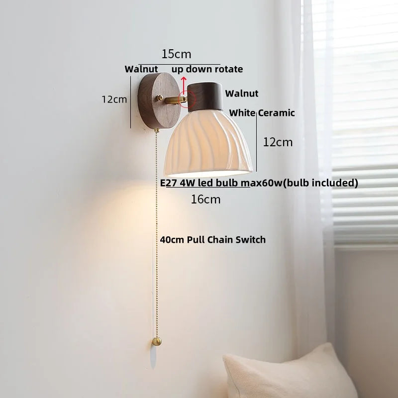 Helnys Ceramic LED Wall Light, Modern Nordic Rotate Wood Bedside Lamp