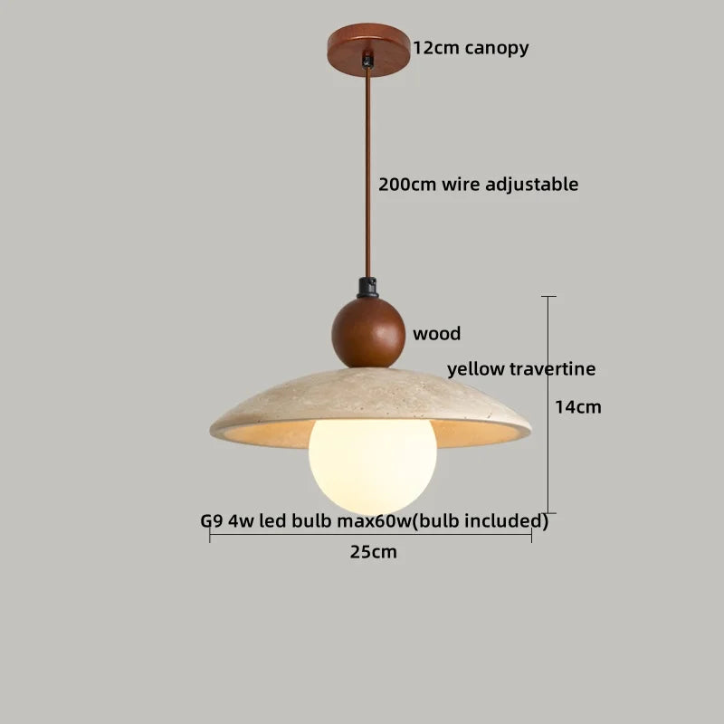 Helnys Yellow Travertine Round LED Pendant Lamp for Cafe Study Living Room